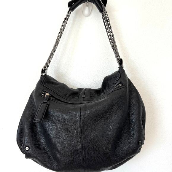 Kenneth Cole Black Leather Hobo Slouchy Shoulder Flap Bag-Chain Strap Boho Chic - Picture 2 of 15